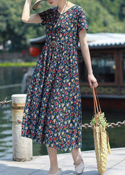 Art navy print linen clothes v neck pockets loose summer Dress - SooLinen