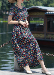 Art navy print linen clothes v neck pockets loose summer Dress - SooLinen