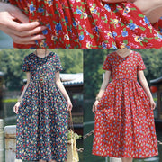 Art navy print linen clothes v neck pockets loose summer Dress - SooLinen