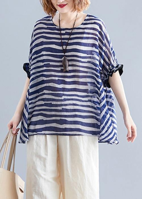 Art o neck Batwing Sleeve clothes Work Outfits blue striped blouse - SooLinen