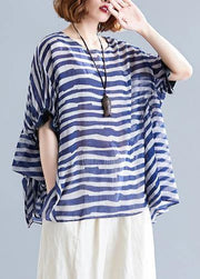 Art o neck Batwing Sleeve clothes Work Outfits blue striped blouse - SooLinen