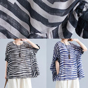 Art o neck Batwing Sleeve clothes Work Outfits blue striped blouse - SooLinen