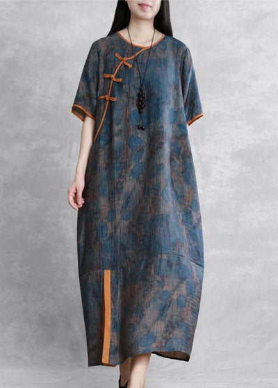 Art o neck Chinese Button Robes Neckline blue print Dress - SooLinen