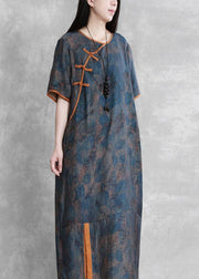 Art o neck Chinese Button Robes Neckline blue print Dress - SooLinen