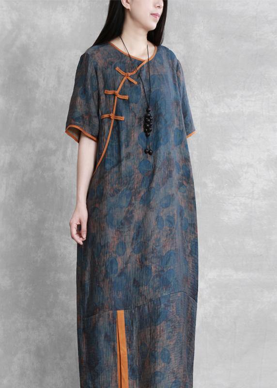 Art o neck Chinese Button Robes Neckline blue print Dress - SooLinen