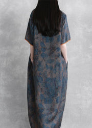 Art o neck Chinese Button Robes Neckline blue print Dress - SooLinen