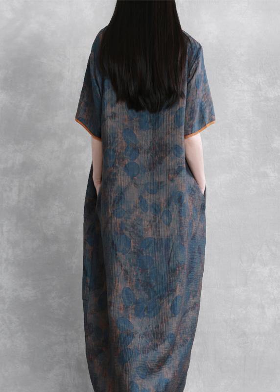 Art o neck Chinese Button Robes Neckline blue print Dress - SooLinen