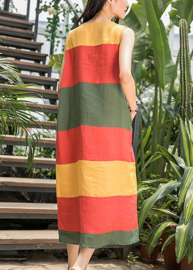 Art o neck Sleeveless linen clothes For Women Inspiration red striped Dress summer - SooLinen