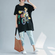 Art o neck cotton tops women fine design black print baggy tops