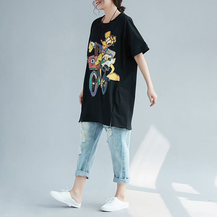 Art o neck cotton tops women fine design black print baggy tops