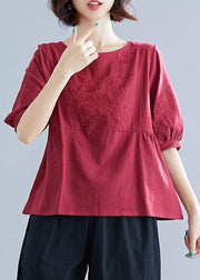 Art o neck embroidery cotton Blouse Sewing burgundy shirt summer - SooLinen