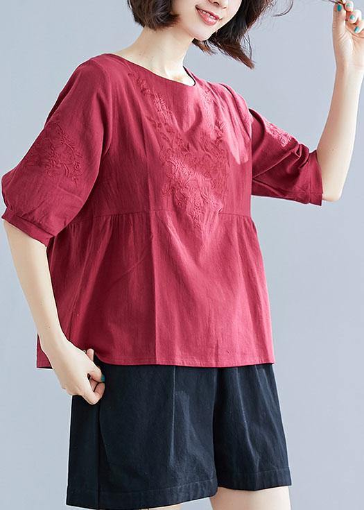 Art o neck embroidery cotton Blouse Sewing burgundy shirt summer - SooLinen