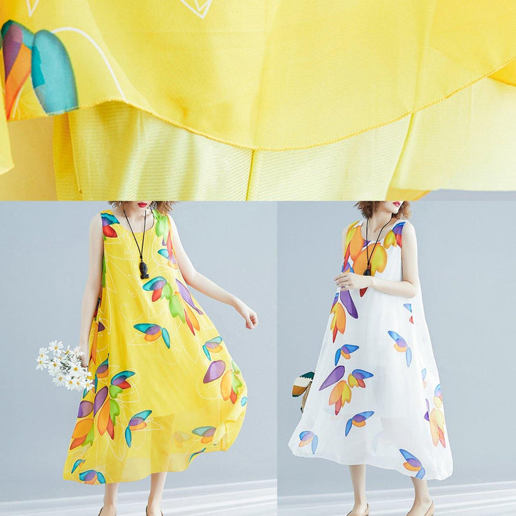 Art o neck false two pieces chiffon dresses Fashion white print Dresses Summer - SooLinen