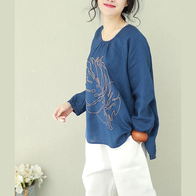 Art o neck linen Blouse Indian Shape blue printing tops