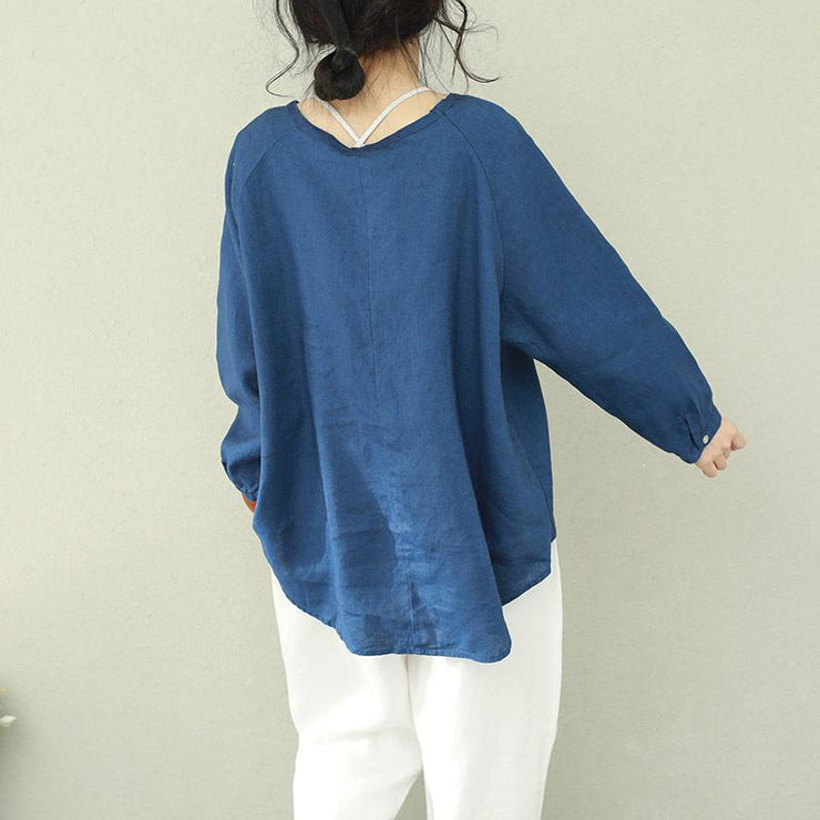 Art o neck linen Blouse Indian Shape blue printing tops