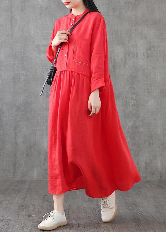 Art o neck patchwork linen Wardrobes Sewing red Dresses spring - SooLinen