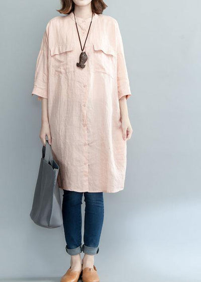 Art pink linen dresses stand collar baggy summer shirt Dress - SooLinen