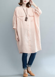 Art pink linen dresses stand collar baggy summer shirt Dress - SooLinen