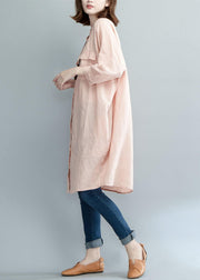 Art pink linen dresses stand collar baggy summer shirt Dress - SooLinen