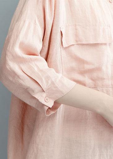 Art pink linen dresses stand collar baggy summer shirt Dress - SooLinen