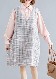 Art pink patchwork Plaid linen clothes For Women long sleeve false two pieces shift fall Dress - SooLinen