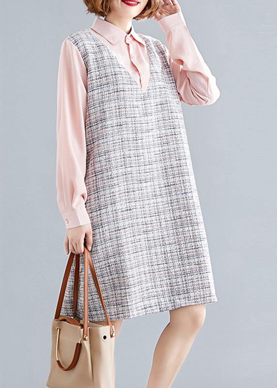 Art pink patchwork Plaid linen clothes For Women long sleeve false two pieces shift fall Dress - SooLinen