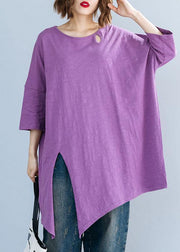 Art purple o neck cotton box top asymmetric hem Plus Size Clothing summer top - SooLinen