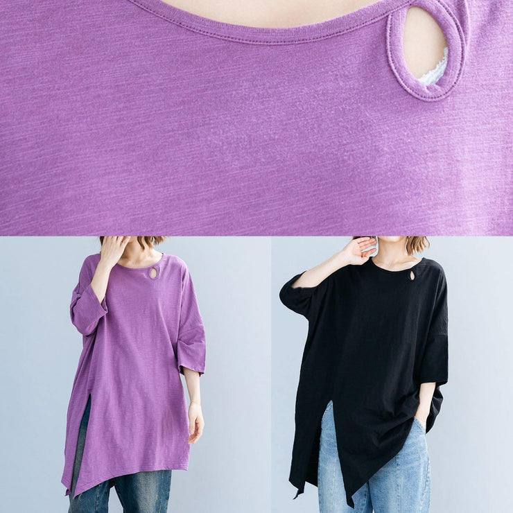 Art purple o neck cotton box top asymmetric hem Plus Size Clothing summer top - SooLinen