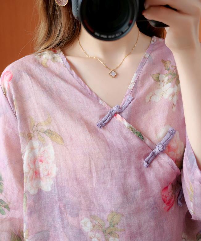 Art purple print shirts women v neck asymmetric Knee summer shirts - SooLinen