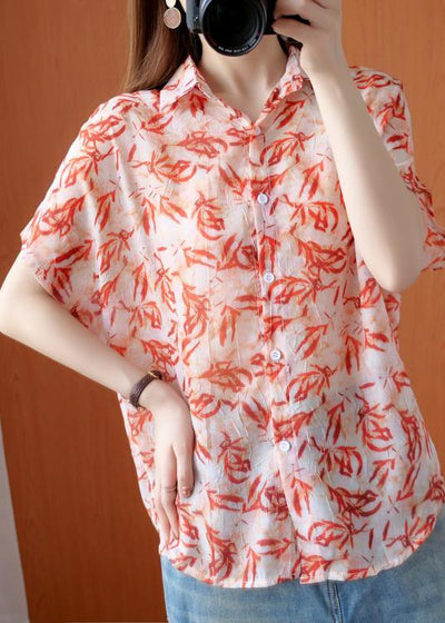 Art red Plant printing Blouse lapel silhouette summer shirts - SooLinen