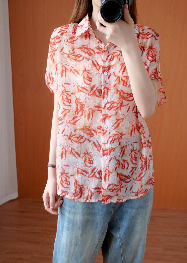 Art red Plant printing Blouse lapel silhouette summer shirts - SooLinen