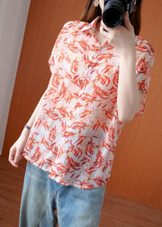 Art red Plant printing Blouse lapel silhouette summer shirts - SooLinen