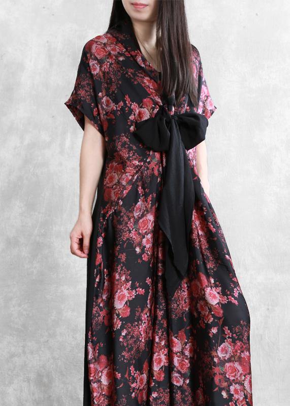 Art red print dresses v neck Multiple wearing methods A Line summer Dress - SooLinen