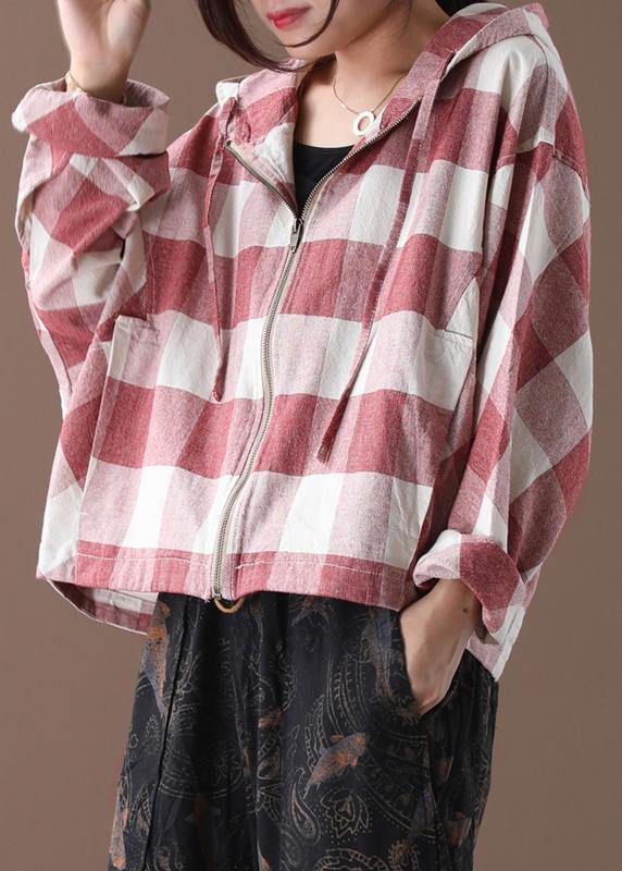 Art red white plaid Fine clothes Shape hooded coat - SooLinen