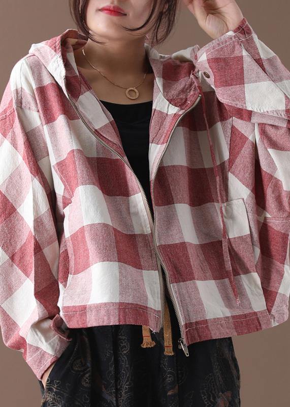 Art red white plaid Fine clothes Shape hooded coat - SooLinen