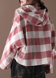 Art red white plaid Fine clothes Shape hooded coat - SooLinen