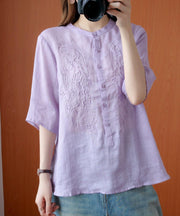 Art stand collar embroidery shirts Tunic Tops purple blouse - SooLinen