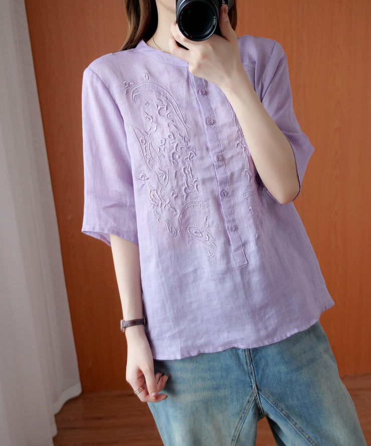 Art stand collar embroidery shirts Tunic Tops purple blouse - SooLinen