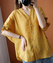 Art v neck Batwing Sleeve summer clothes design yellow blouse - SooLinen