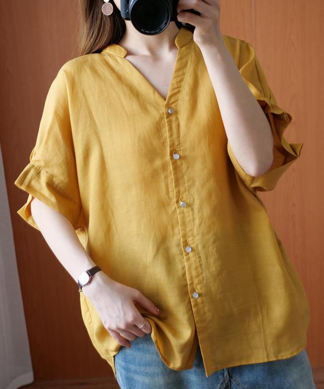 Art v neck Batwing Sleeve summer clothes design yellow blouse - SooLinen