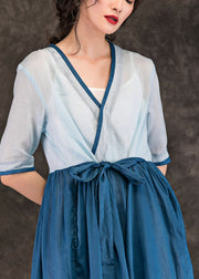 Art v neck patchwork linen dress Omychic Wardrobes blue linen robes Dress Summer