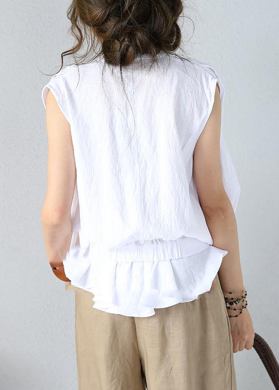 Art white cotton Shirts stand collar sleeveless Dresses summer shirts - SooLinen