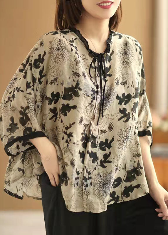 Art Beige Print Asymmetric Top Cotton Linen V Neck