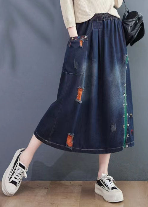 Art Navy Embroideried Hole Summer Denim Skirt