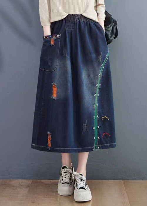 Art Navy Embroideried Hole Summer Denim Skirt