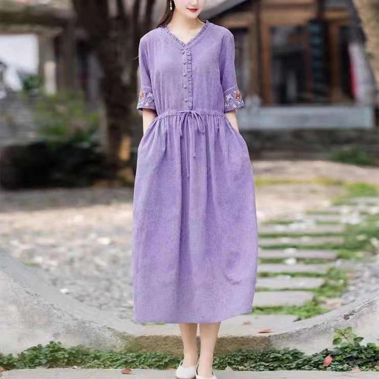 Art pink linen dress v neck embroidery linen robes Dress