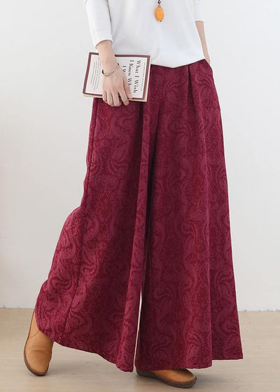 Autumn and winter Retro Red jacquard thickened women's wide leg pants - SooLinen