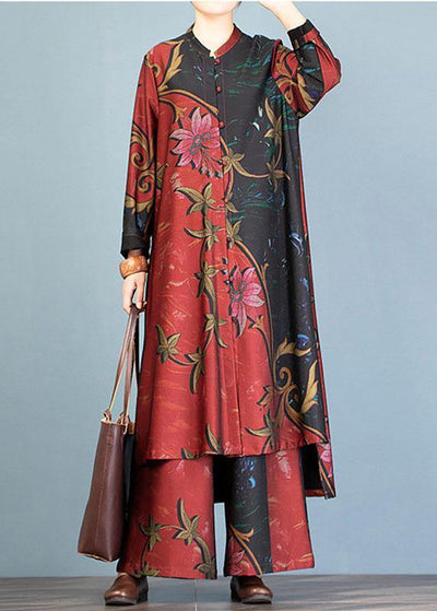 Autumn large size retro long coat jacket loose wide leg pants red printed two-piece suit - SooLinen