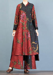 Autumn large size retro long coat jacket loose wide leg pants red printed two-piece suit - SooLinen