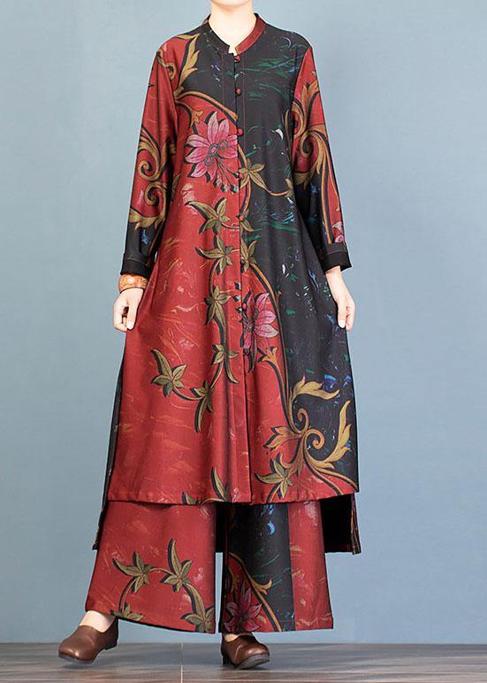 Autumn large size retro long coat jacket loose wide leg pants red printed two-piece suit - SooLinen